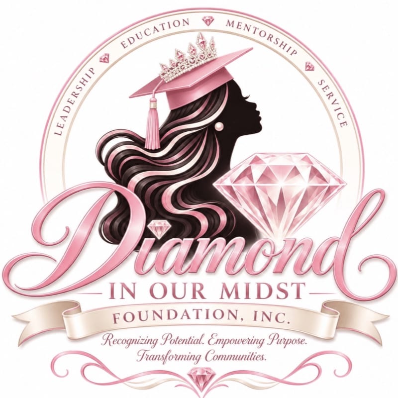 A silhouette of a graduate wearing a pink cap and crown is positioned in the foreground against a circular background featuring a large diamond and text.