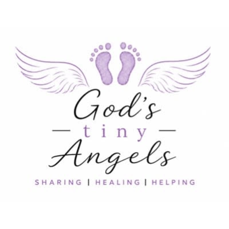 A logo featuring purple baby footprints and angel wings above the text "God's tiny Angels" and "SHARING | HEALING | HELPING" set against a plain white background.