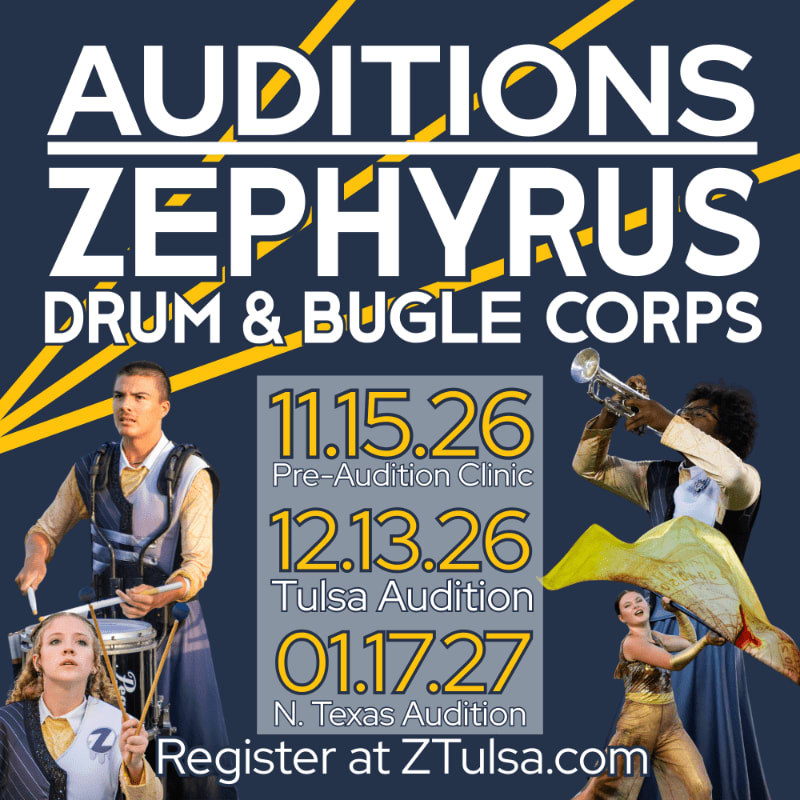 White text announcing auditions for the Zephyrus Drum & Bugle Corps is set against a dark blue background with yellow accents, featuring musicians and a color guard member in the foreground.
