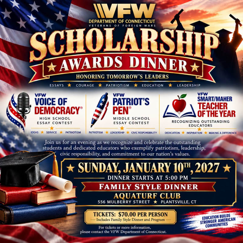 A promotional flyer for a VFW Scholarship Awards Dinner features event details in the center, framed by an American flag and a graduate's silhouette in the background and a graduation cap, diploma, and books in the foreground.
