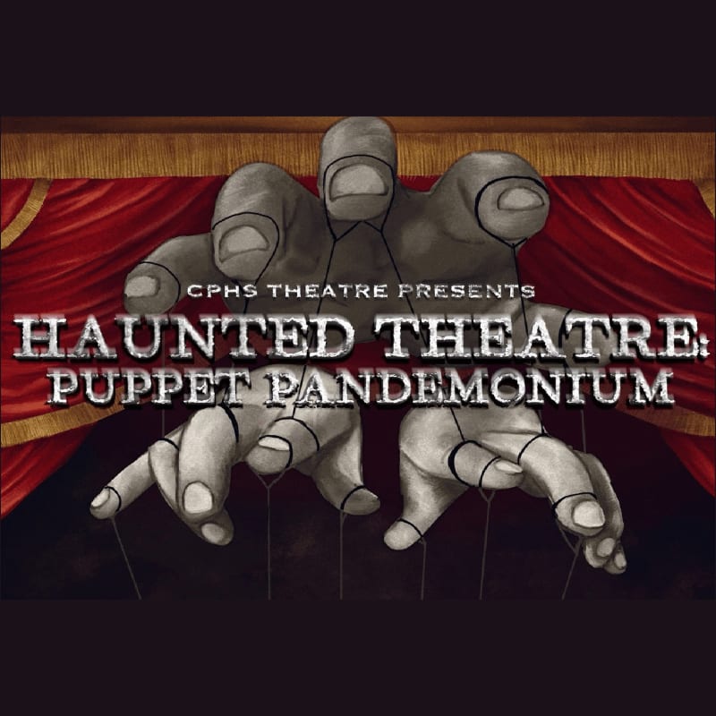 Large, pale puppet hands with strings are positioned in the foreground against a background of red theater curtains.