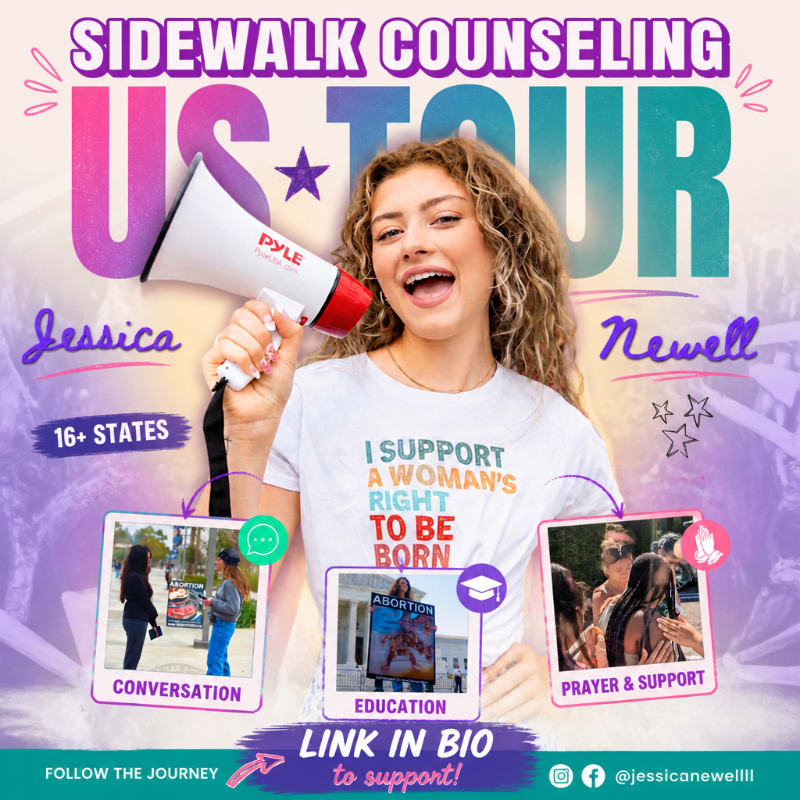 A smiling woman holding a megaphone and wearing a pro-life t-shirt stands in the foreground against a colorful background featuring "SIDEWALK COUNSELING US TOUR" text and small photos of her activities.