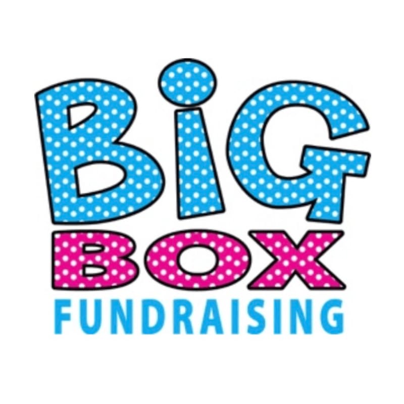 Colorful, polka-dotted text reading "BIG BOX FUNDRAISING" is centered against a plain white background.