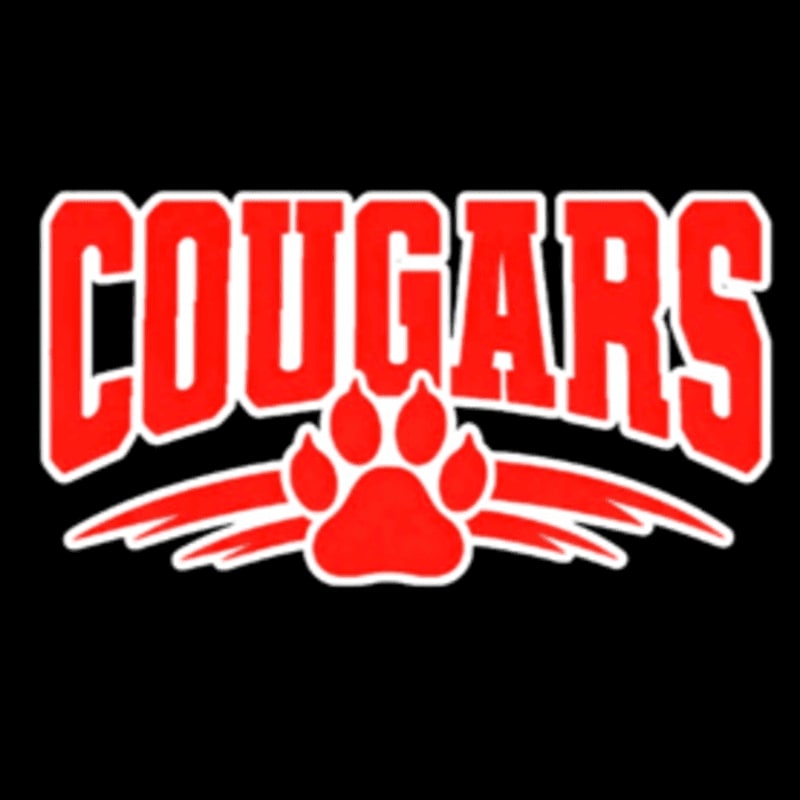 Red text spelling "COUGARS" arches over a red cougar paw print with white outlines, all set against a black background.