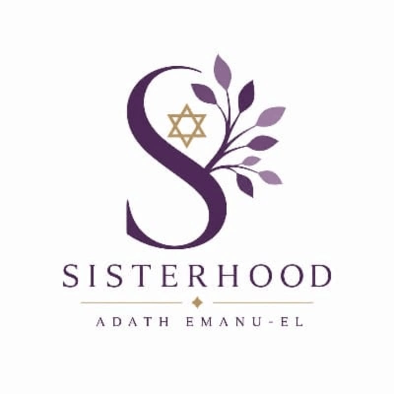 A stylized purple "S" with a Star of David and a branch of purple leaves emerges from the top, with "SISTERHOOD" and "ADATH EMANU-EL" written below on a white background.