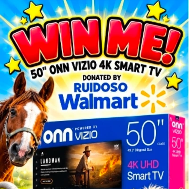 A brown horse and a boxed 50" ONN Vizio 4K Smart TV are in the foreground against a bright blue sunburst background with "WIN ME!" text.