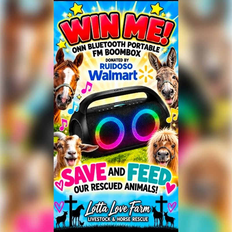 A black portable boombox is surrounded by a horse, a donkey, a goat, and a miniature horse against a bright, colorful background with promotional text for Lotta Love Farm.