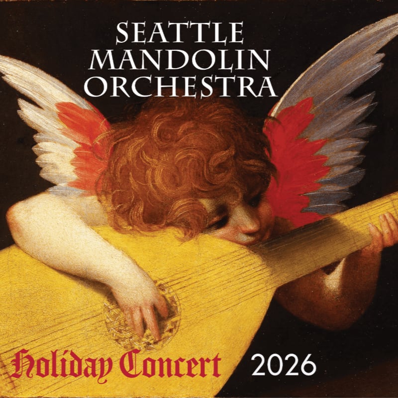 A winged cherub hugs a large yellow lute in the foreground against a dark background with white and red text.