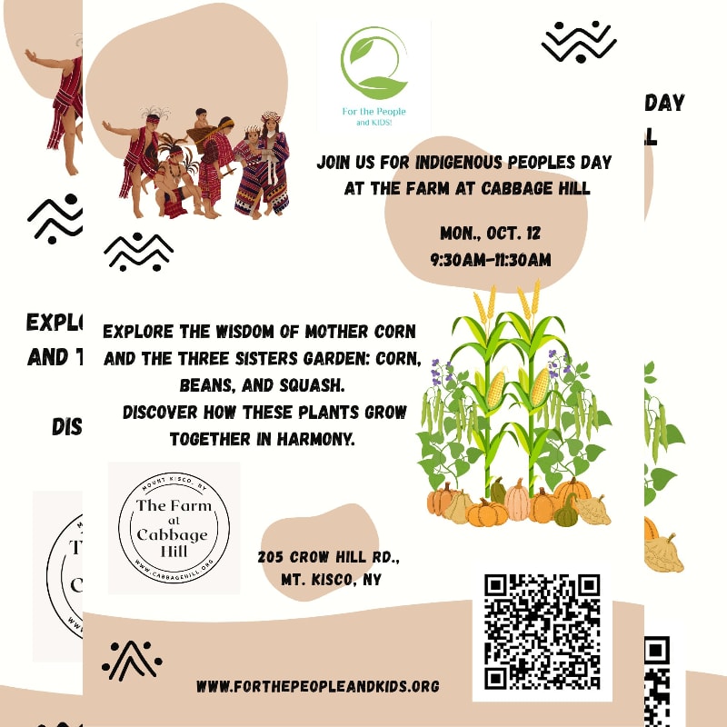An event flyer for Indigenous Peoples Day features illustrations of people in traditional dress and a "Three Sisters" garden of corn, beans, and squash against a white background with tan organic shapes.