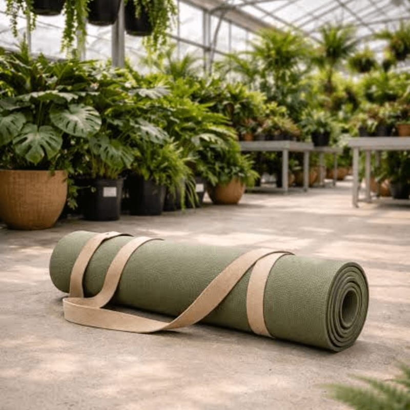 A rolled-up green yoga mat with a beige strap lies on a concrete floor in a sunlit greenhouse filled with lush potted plants.