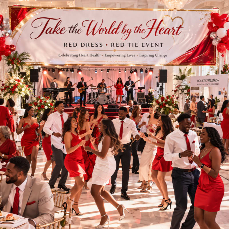 People in red and white formal attire dance and socialize in the foreground of a ballroom, while a live band performs on a stage under a large "Take the World by the Heart" banner in the background.