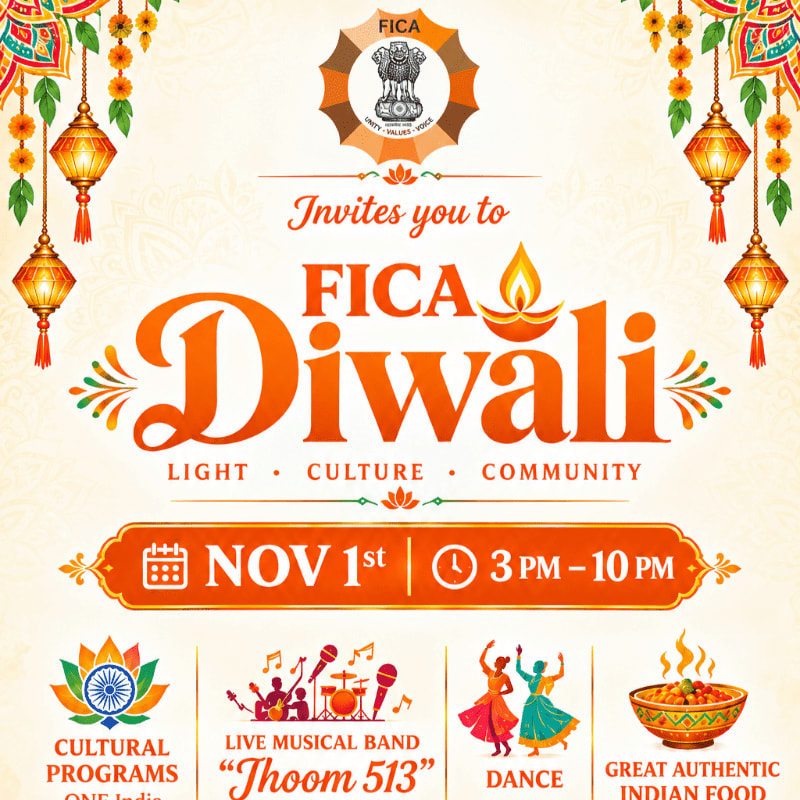 An invitation for FICA Diwali featuring orange text and festive lanterns in the foreground against a light, patterned background.
