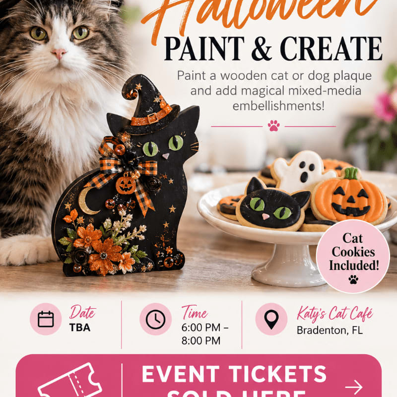 A fluffy cat and a Halloween-themed cat plaque sit in the foreground next to a plate of cat and pumpkin cookies, with event details and a blurred background.