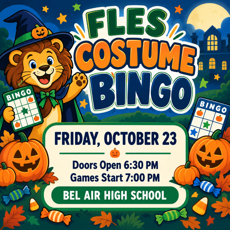 A cartoon lion in a witch costume holds a bingo card in the foreground, set against a nighttime background featuring a haunted house and a full moon.