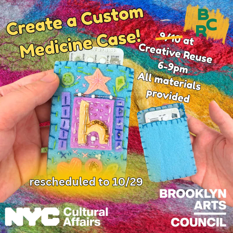 Two hands hold colorful, handmade fabric medicine cases against a vibrant, multicolored textured background with promotional text for a craft workshop.