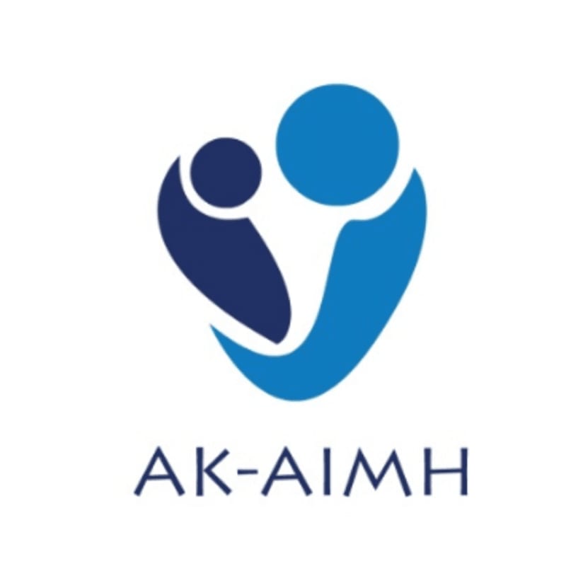 A blue stylized logo of two figures embracing is centered on a plain white background above the text "AK-AIMH".