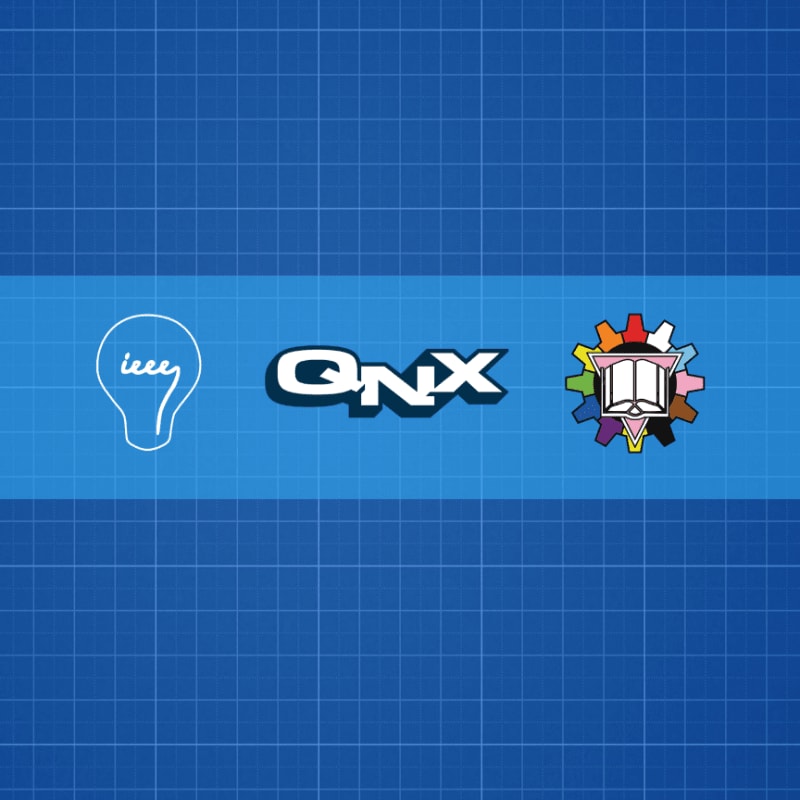 A lightbulb icon, the QNX logo, and a gear-shaped emblem sit on a light blue horizontal band against a dark blue grid background.