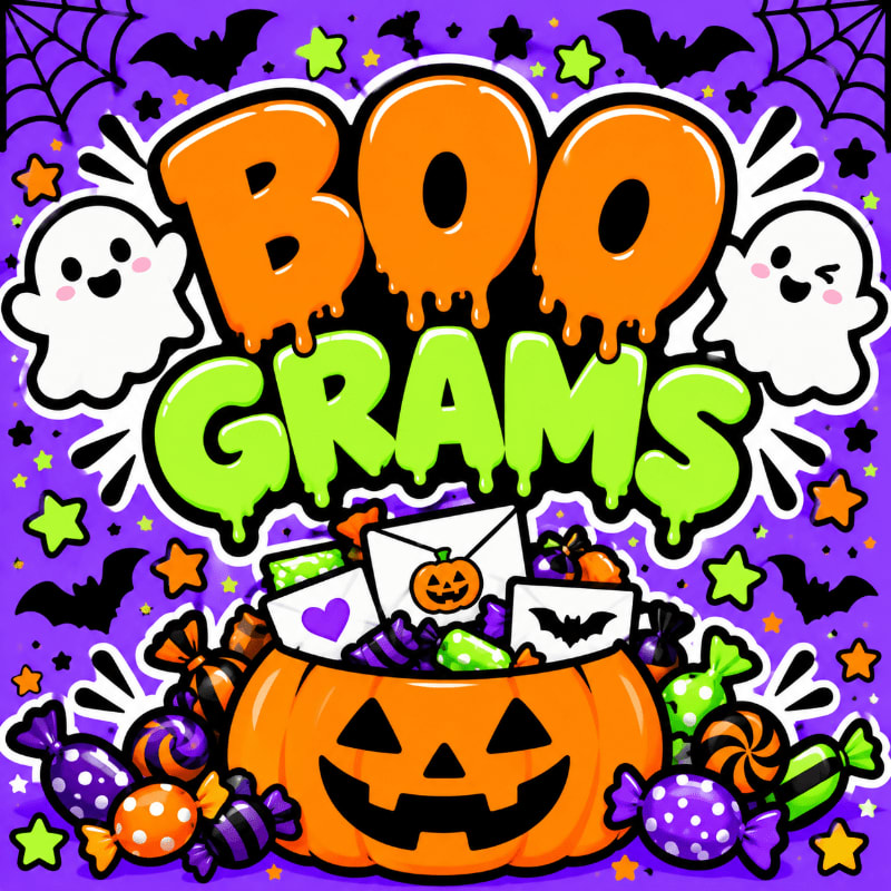 A jack-o'-lantern filled with candy and notes sits in the foreground beneath the words "BOO GRAMS," set against a purple background with ghosts, bats, and spiderwebs.