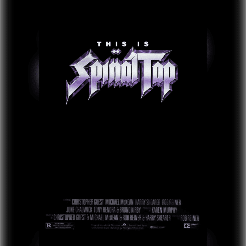 The stylized purple and silver "This Is Spinal Tap" logo and movie credits are centered against a solid black background.