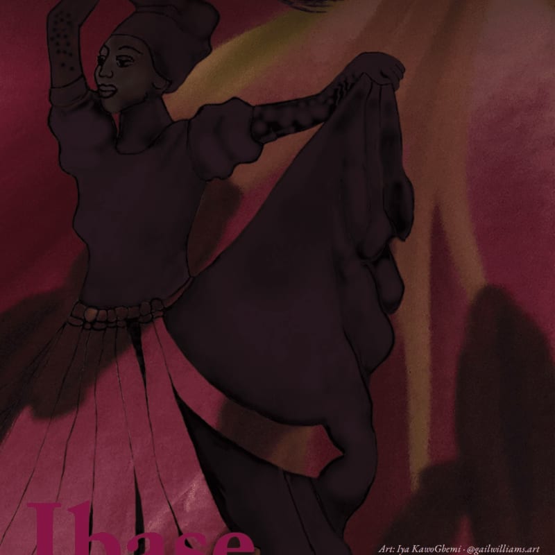 A woman in a dark top and flowing pink skirt dances against a blurred, reddish-brown background.