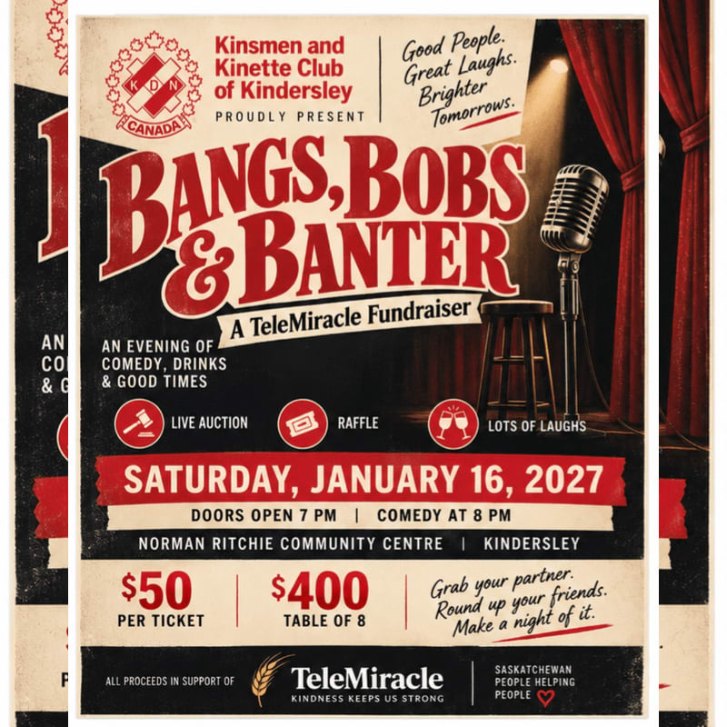 A promotional flyer for a "Bangs, Bobs & Banter" fundraiser features bold red and white text in the foreground against a background of a spotlighted vintage microphone and stool on a stage with red curtains.