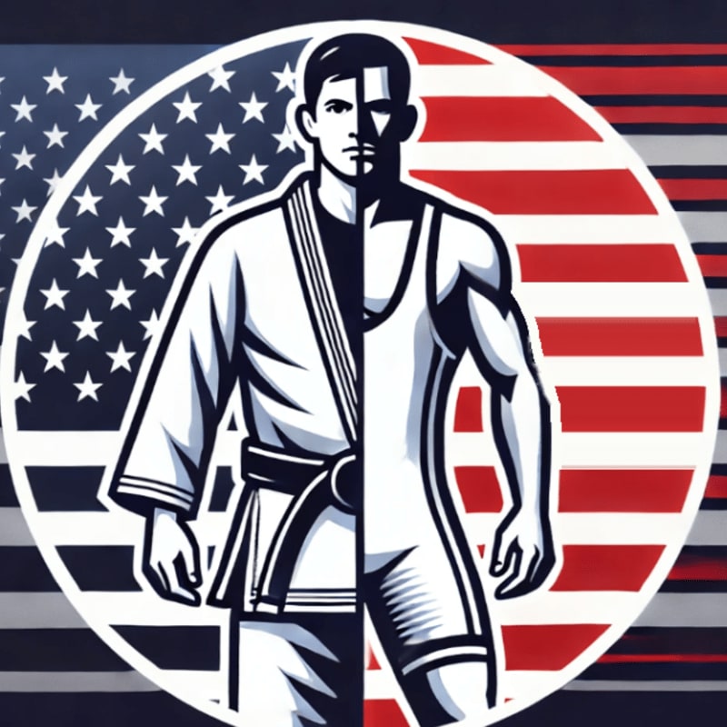 A split-view illustration of a man wearing a martial arts gi and athletic gear stands centered against a circular background of the American flag.