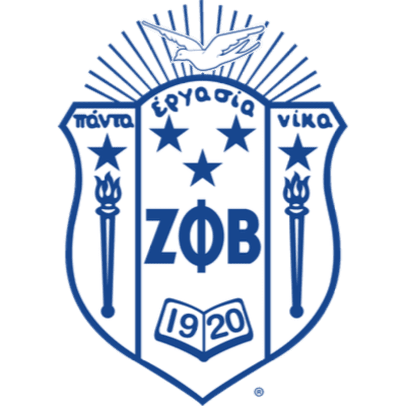 A blue crest with Greek letters and stars in the foreground is set against a white background with radiating lines and a dove at the top.
