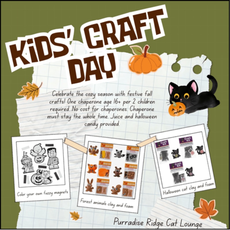A "Kids' Craft Day" flyer featuring a black cat and pumpkin in the foreground over a grid-paper background with craft kit examples.