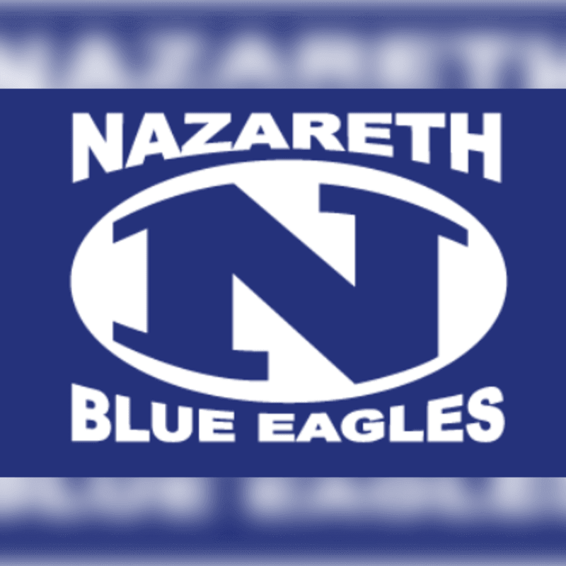 A white "N" inside a white oval with the text "NAZARETH BLUE EAGLES" sits against a solid blue background.