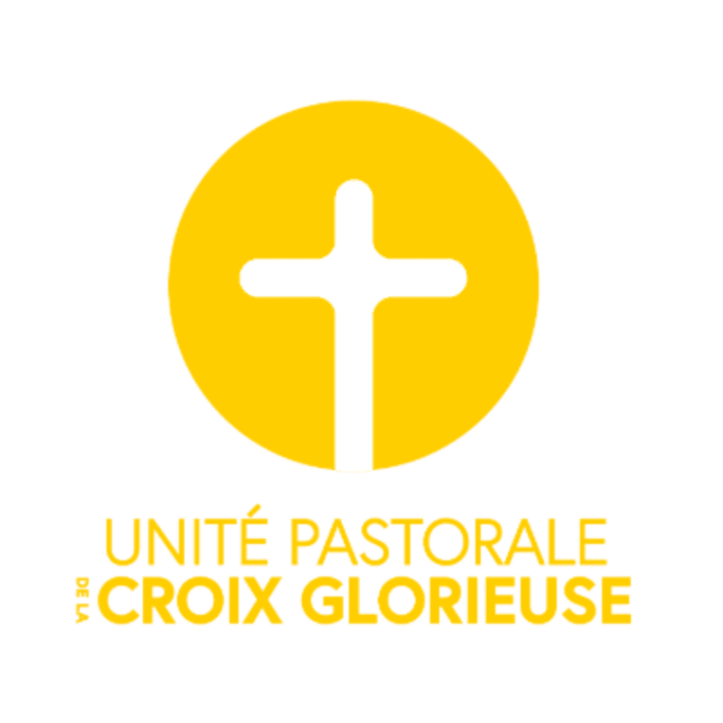 A white cross centered within a yellow circle sits above the yellow text "UNITÉ PASTORALE DE LA CROIX GLORIEUSE" against a plain white background.