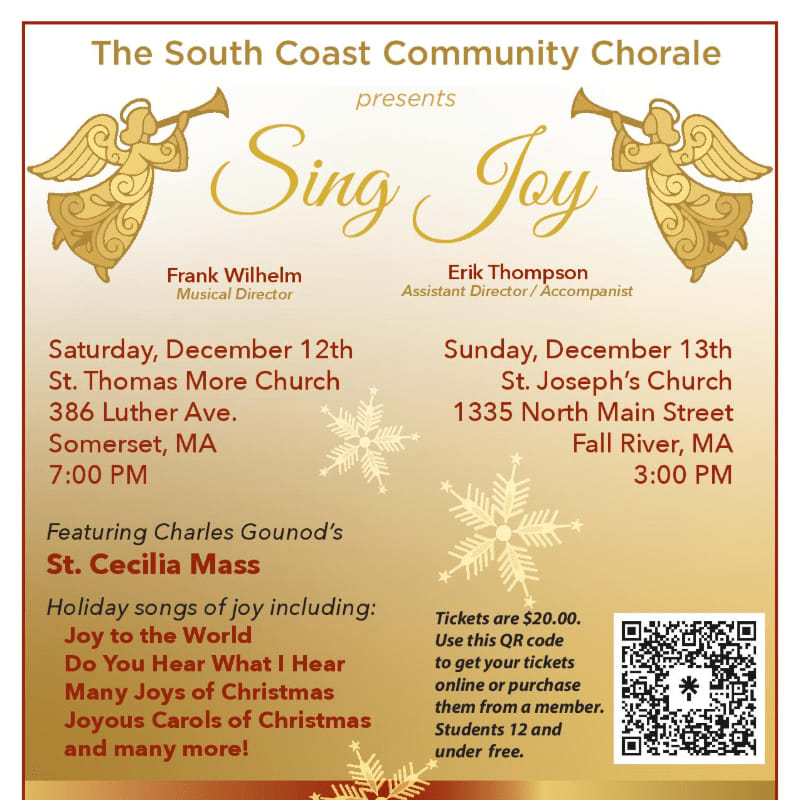 A promotional flyer for "Sing Joy" by The South Coast Community Chorale features gold angel illustrations in the foreground and a plain white background with event details.