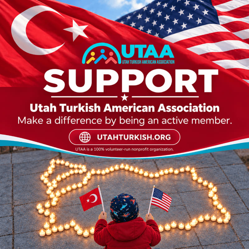 A child holding small Turkish and American flags stands before a heart made of candles in the foreground, while the background features a promotional graphic for the Utah Turkish American Association set against the Turkish and US flags.
