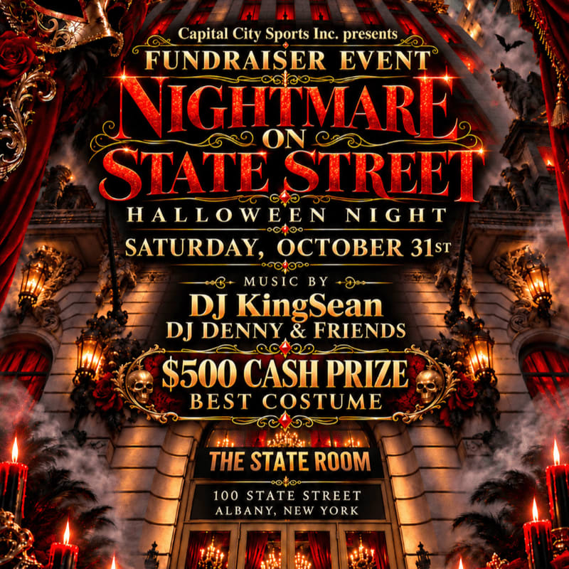 A bold red and gold event flyer for "Nightmare on State Street" is centered over a spooky, gothic building facade framed by red curtains and lit candles.