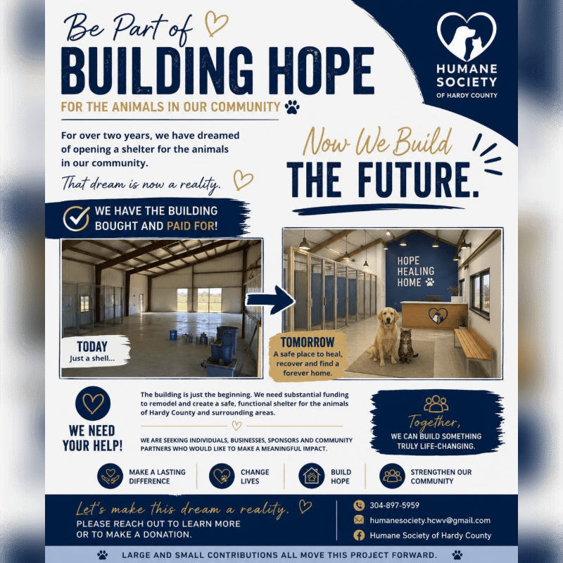 A fundraising flyer for the Humane Society of Hardy County features text and images of a shelter's interior, transitioning from an empty shell in the foreground to a finished home for animals in the background.