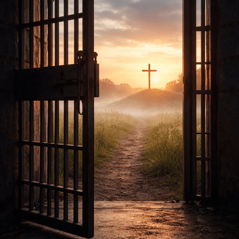 Open prison bars in the foreground frame a dirt path leading toward a cross on a misty hill under a glowing sunset.