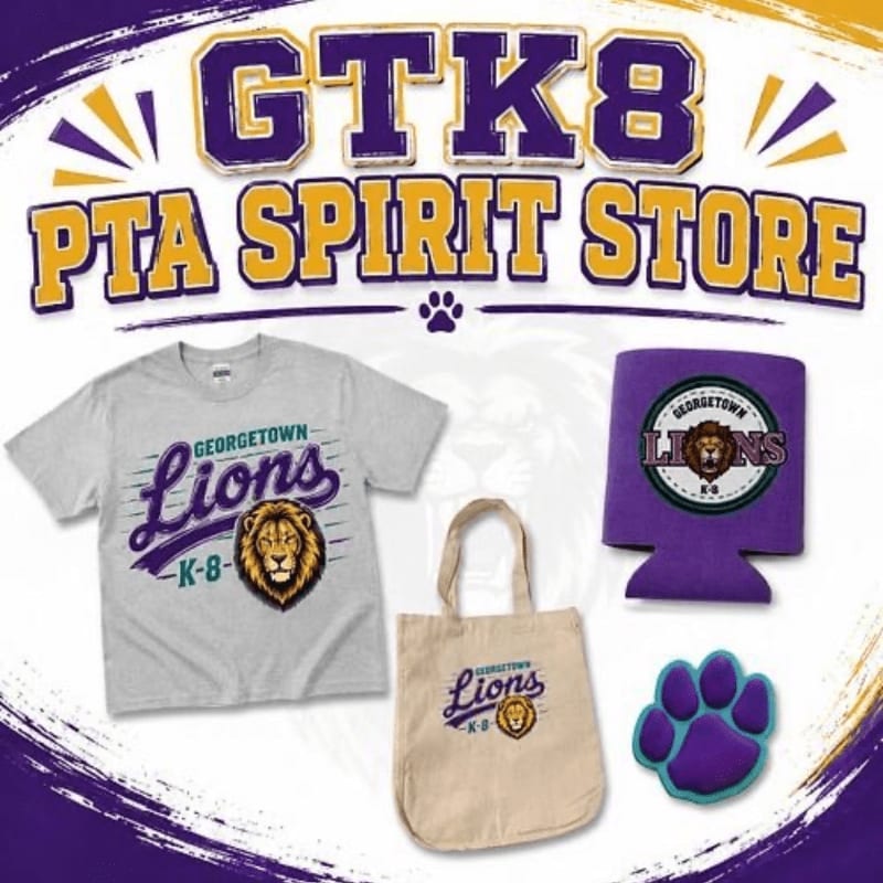 A grey t-shirt, a beige tote bag, a purple koozie, and a purple paw print are displayed in the foreground against a white background with "GTK8 PTA SPIRIT STORE" text at the top.