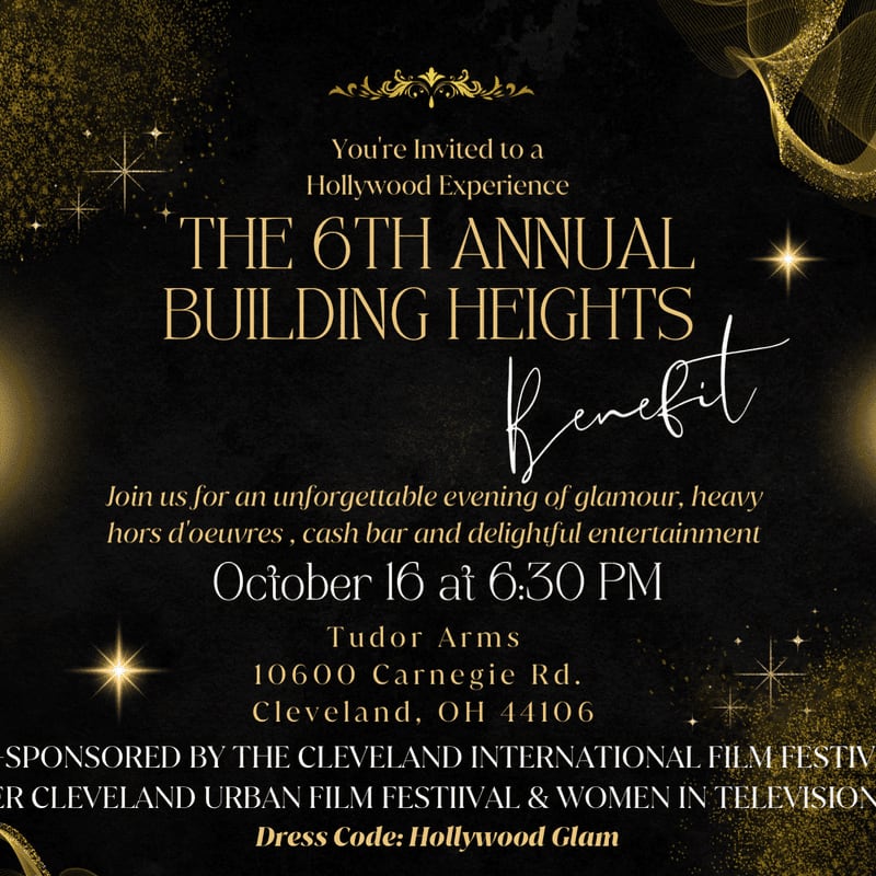 A black and gold invitation for the 6th Annual Building Heights Benefit, featuring elegant text and sparkling accents, is set against a backdrop of swirling golden fabric.