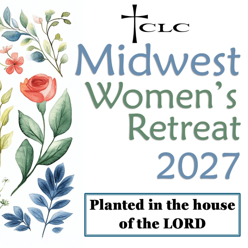 Watercolor floral illustrations frame the left side of a white background featuring text for the "Midwest Women's Retreat 2027" and a religious logo.