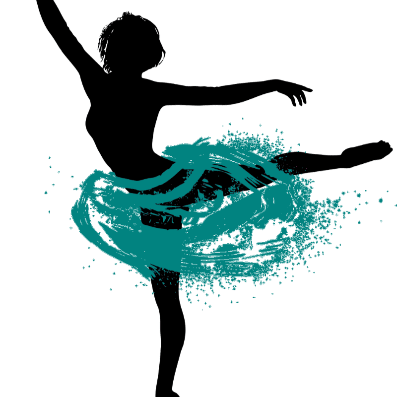 A black silhouette of a dancing figure is surrounded by a swirling teal brushstroke against a plain white background.