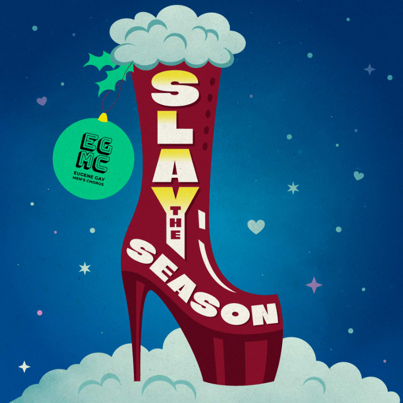 A red high-heeled boot with the text "SLAY THE SEASON" stands amidst white clouds against a dark blue starry background.