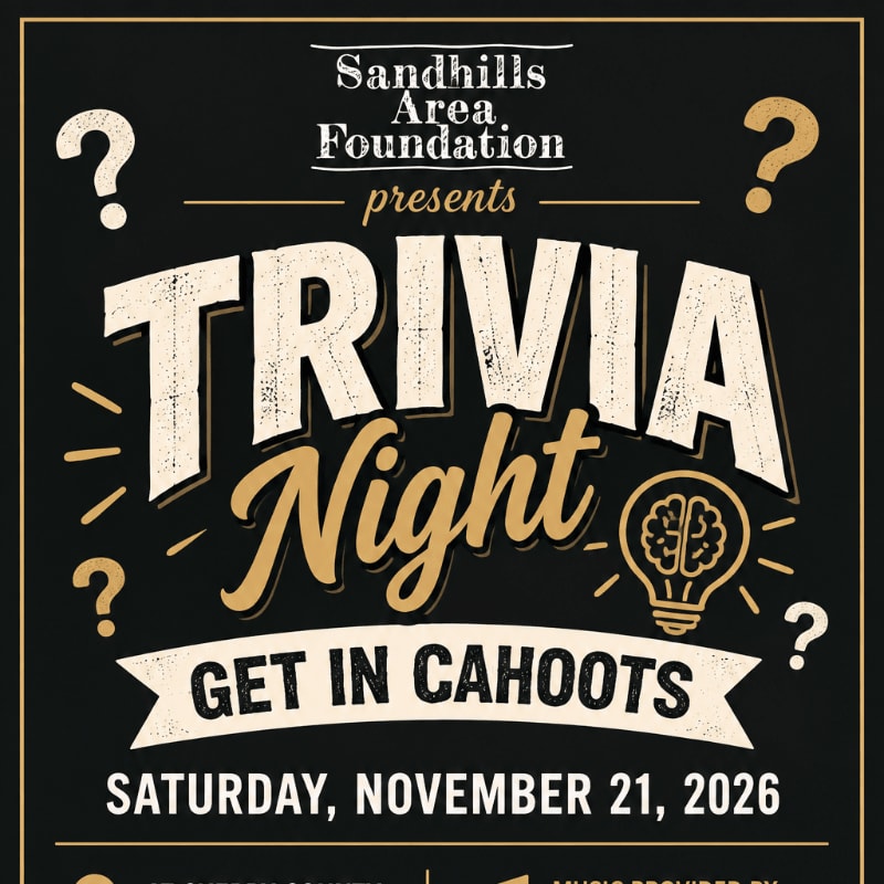 Bold white and gold text announcing a "Trivia Night" event sits in the foreground against a dark black background accented with question marks and a lightbulb icon.