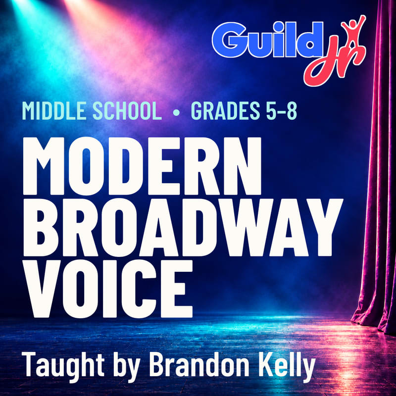 Bold white text advertising a "Modern Broadway Voice" class for middle schoolers sits in the foreground against a background of a dark stage with colorful spotlights and a red curtain.