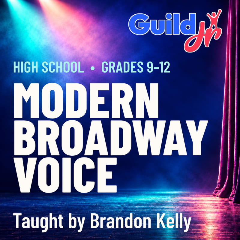 Bold white text advertising a "Modern Broadway Voice" course for high schoolers sits in the foreground against a background of a spotlighted stage with a red curtain.