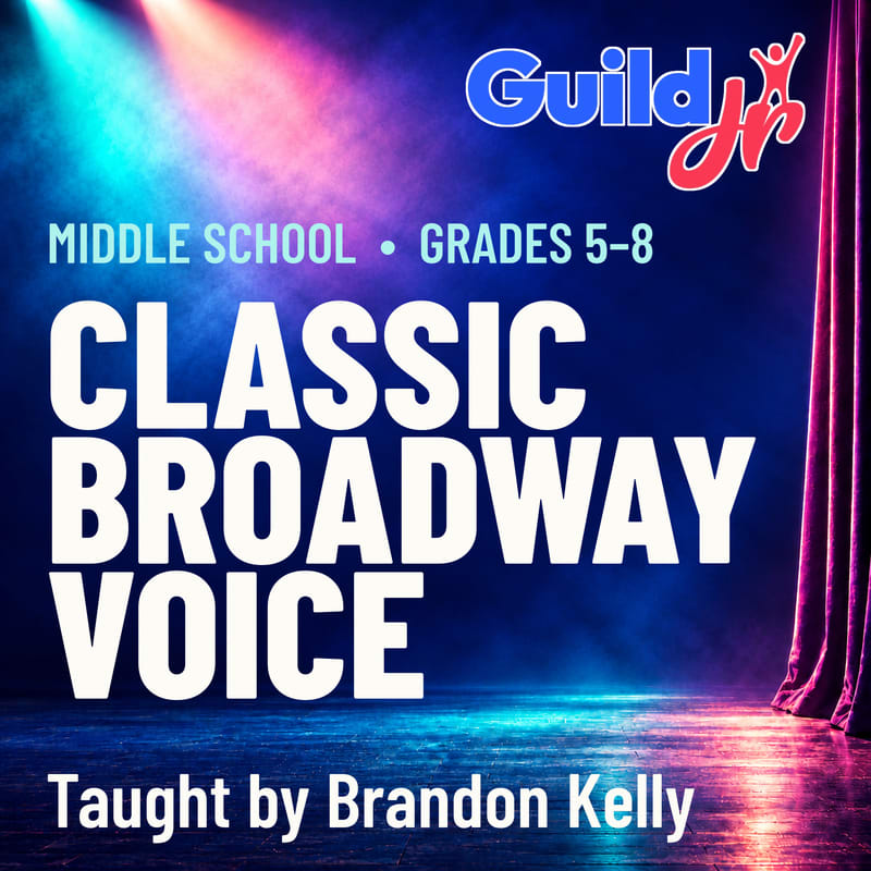 Bold white text advertising a "Classic Broadway Voice" course for middle schoolers is set against a dark stage background with colorful spotlights and a red curtain.