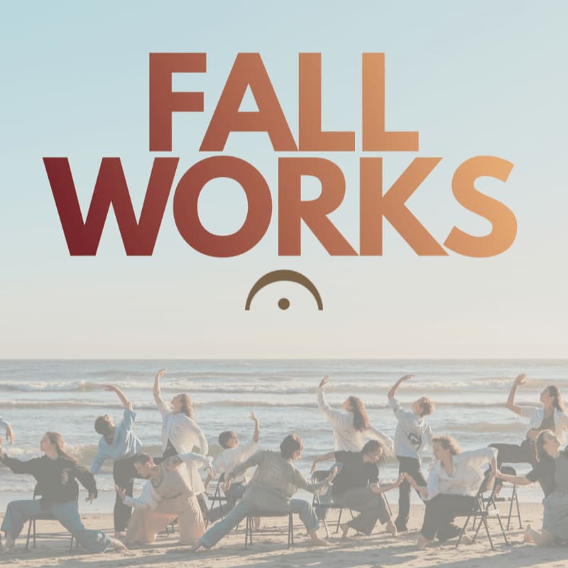Large orange and red text reading "FALL WORKS" overlays a group of people practicing yoga on a sandy beach with ocean waves in the background.