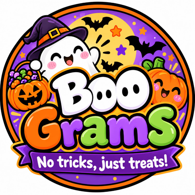 A cheerful ghost, pumpkins, and the text "Boo Grams" are featured in the foreground against a purple and yellow night sky filled with bats and stars.