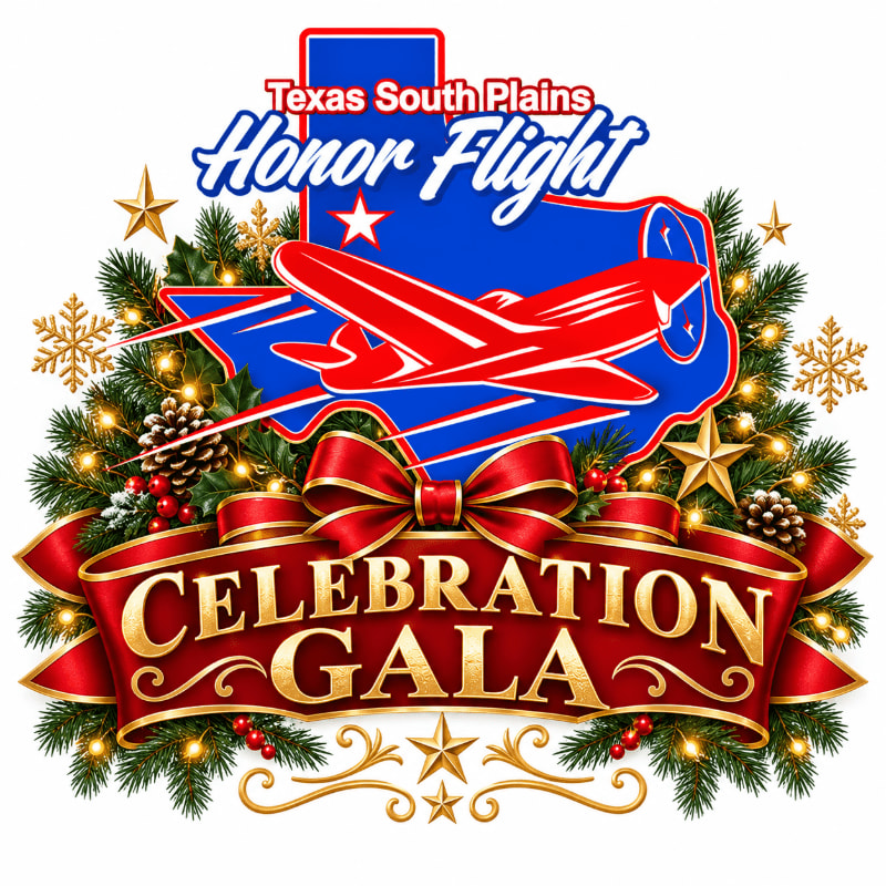 A red airplane and "Celebration Gala" banner are set against a background of a blue Texas state outline and festive Christmas greenery.