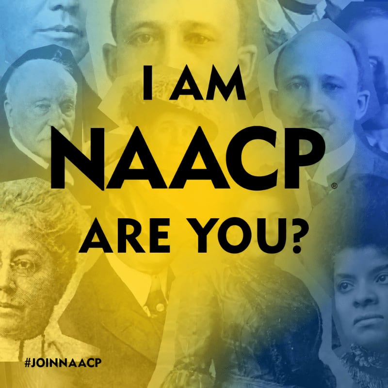 Bold black text reading "I AM NAACP ARE YOU?" is centered over a background of historical portraits of African American figures in yellow and blue tones.