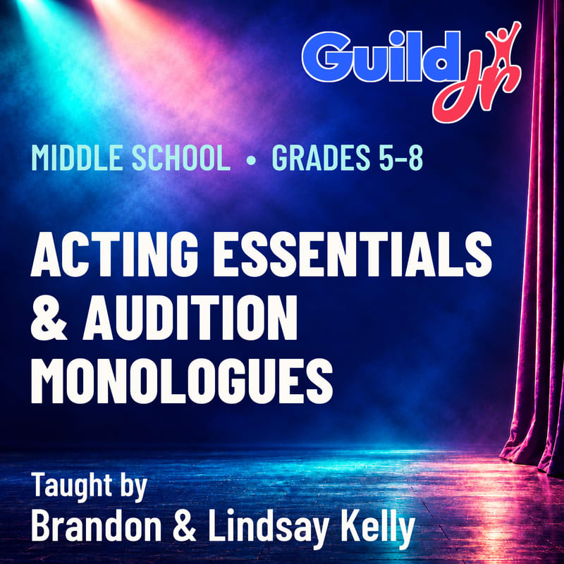 White text promoting an acting course for middle schoolers is layered over a dark stage background with colorful spotlights and a red curtain.