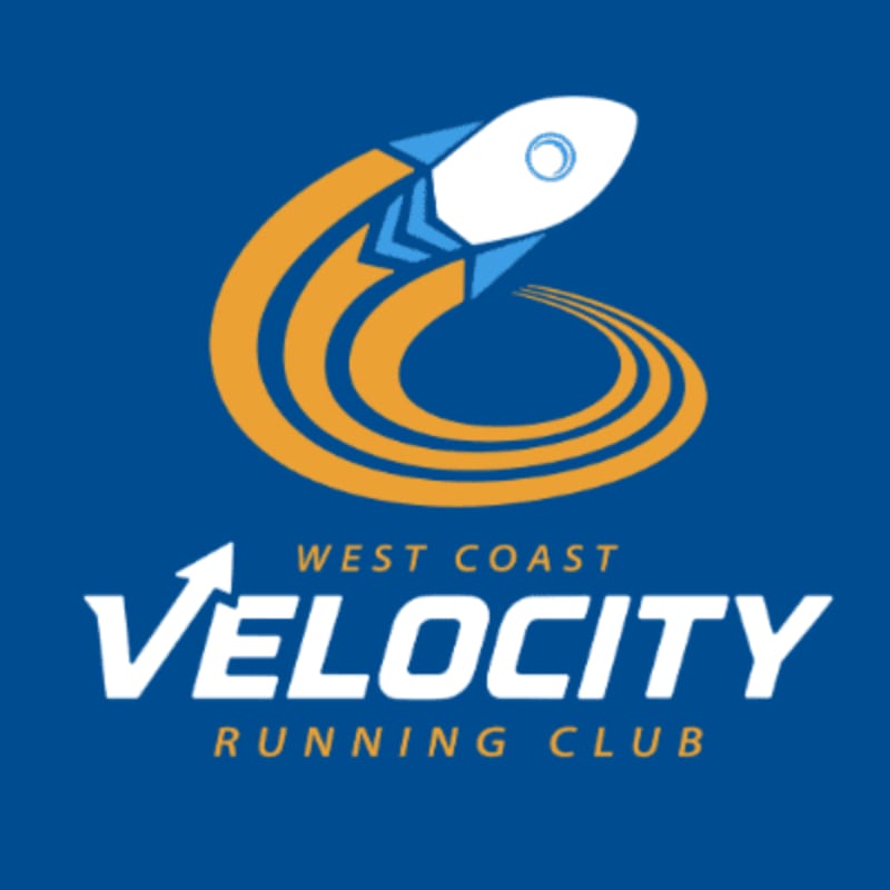 A white and blue rocket streaks across an orange circular path in the foreground, with "WEST COAST VELOCITY RUNNING CLUB" written below in white text against a blue background.